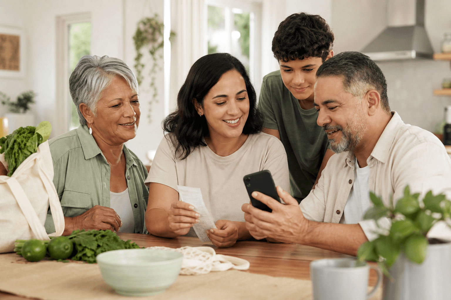 A family reviewing and scanning a grocery receipt together