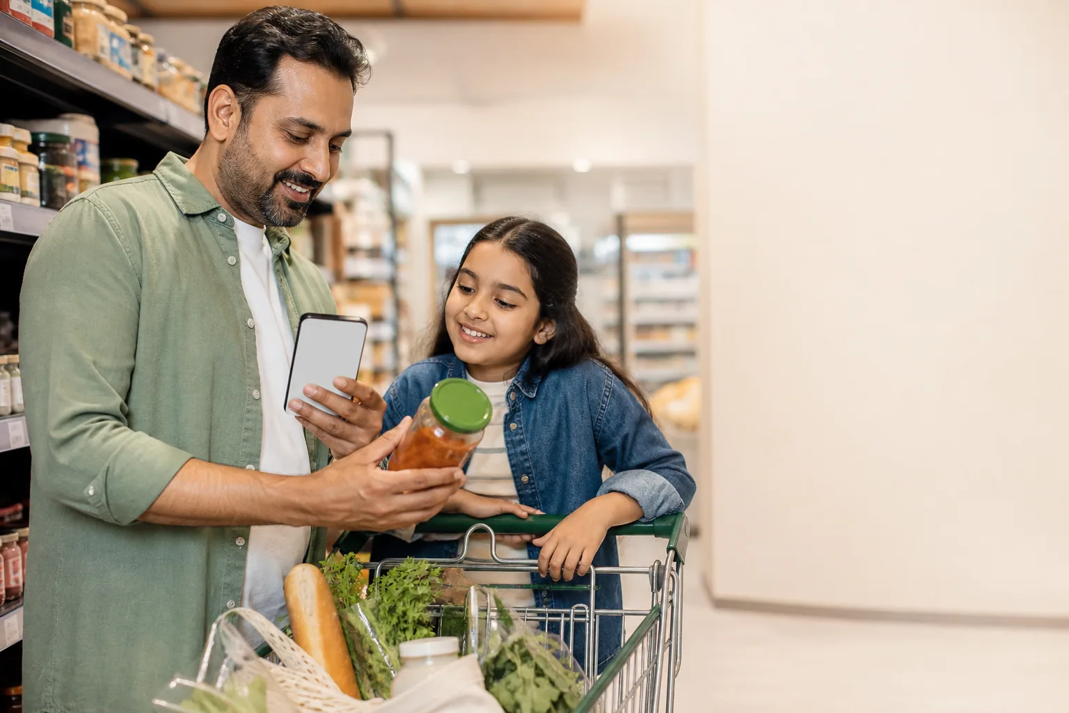 A parent and child comparing live marketplace prices