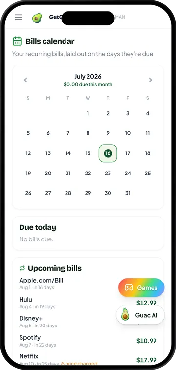 Bills & planning, one calendar ahead on the GetGuac app