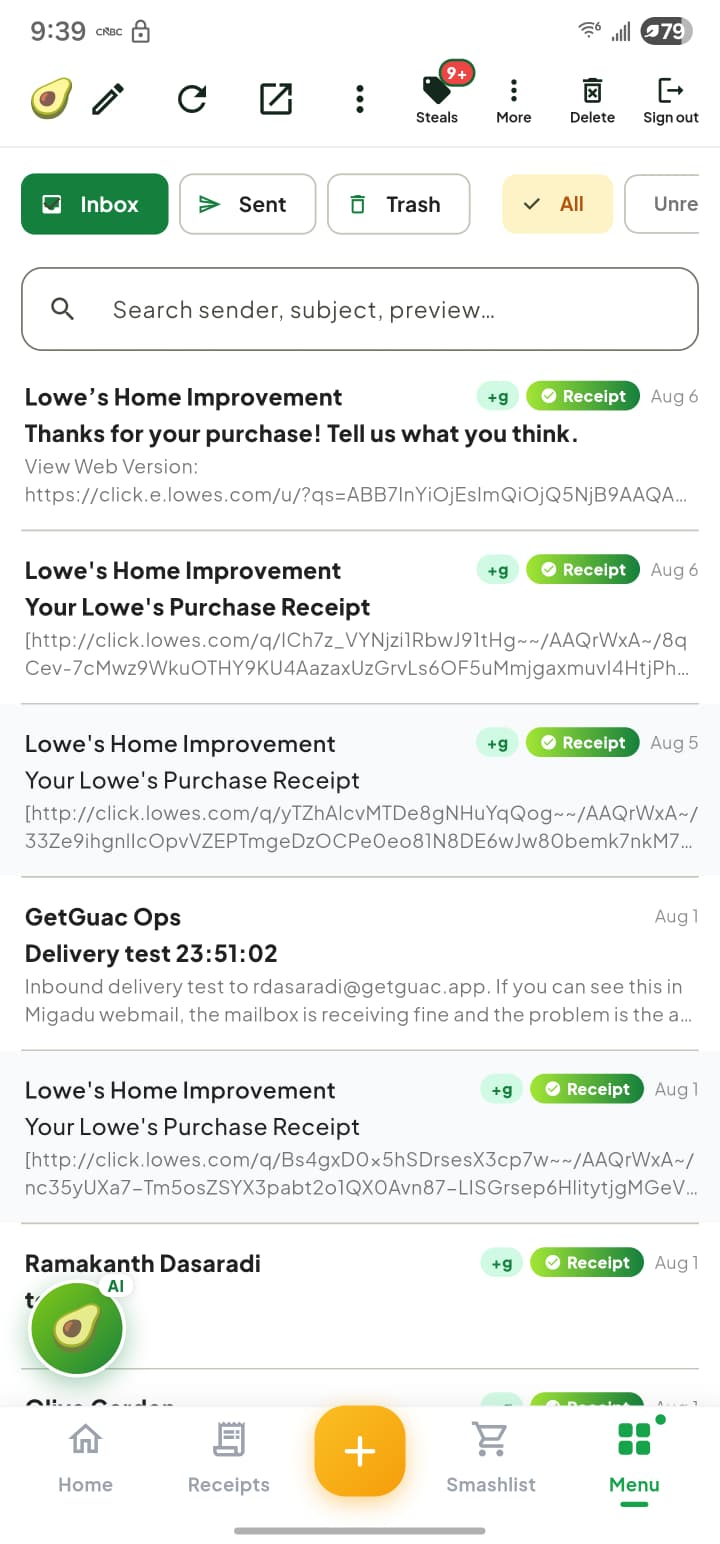 The GetGuac mobile inbox showing emailed receipts and receipt filters