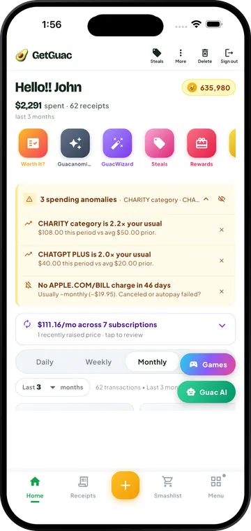 GetGuac showing organized purchases and spending insights