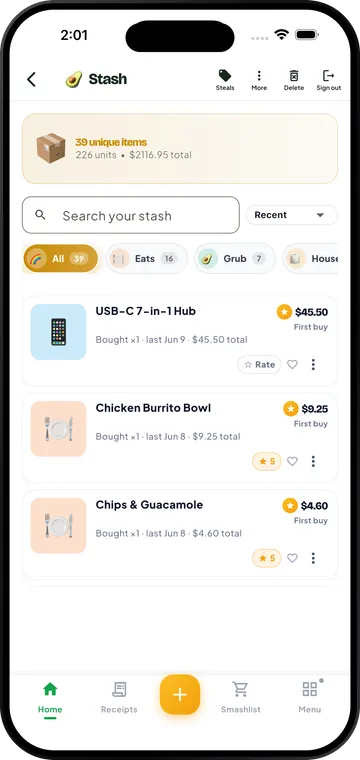 Your Stash — every product you own on the GetGuac app