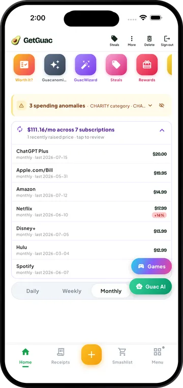 Detected subscriptions and recurring charges on mobile