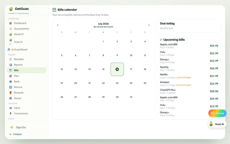 Bills & planning, one calendar ahead on GetGuac web