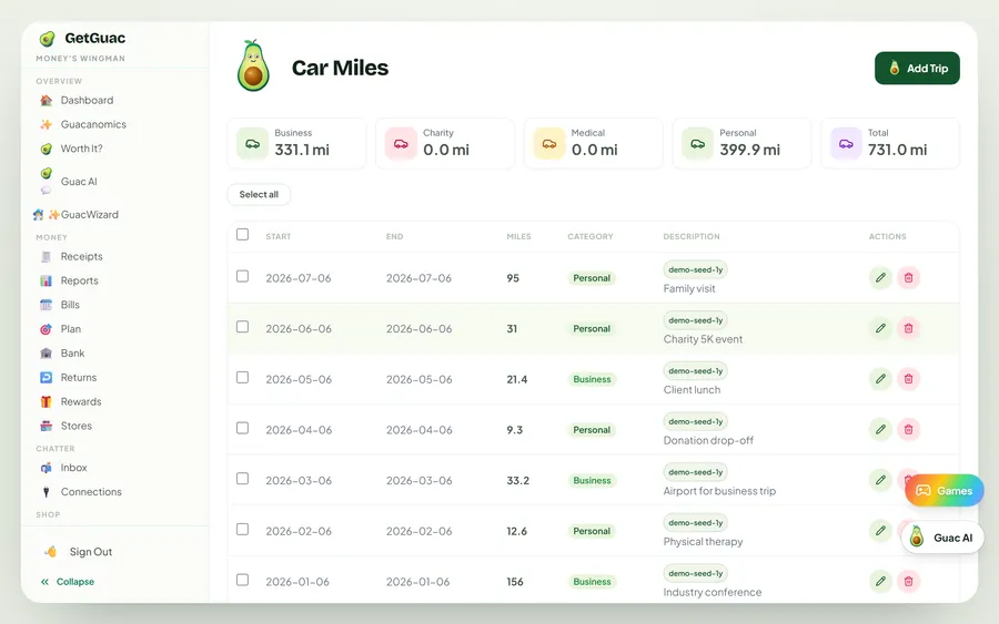 Car Miles — track every drive on GetGuac web