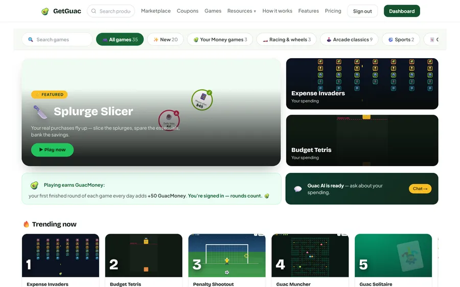 Guac Arcade — 15 free games on GetGuac web