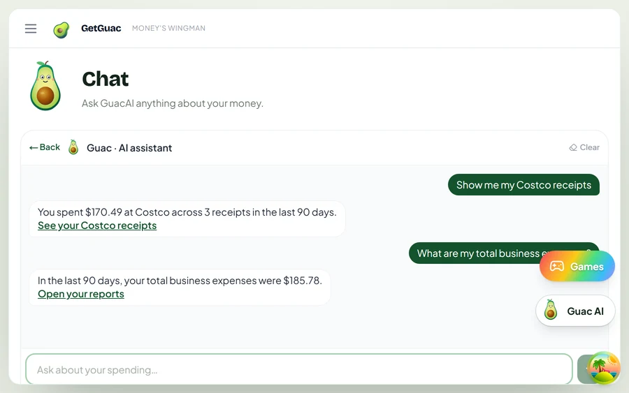 Guac AI — ask your receipts anything on GetGuac web