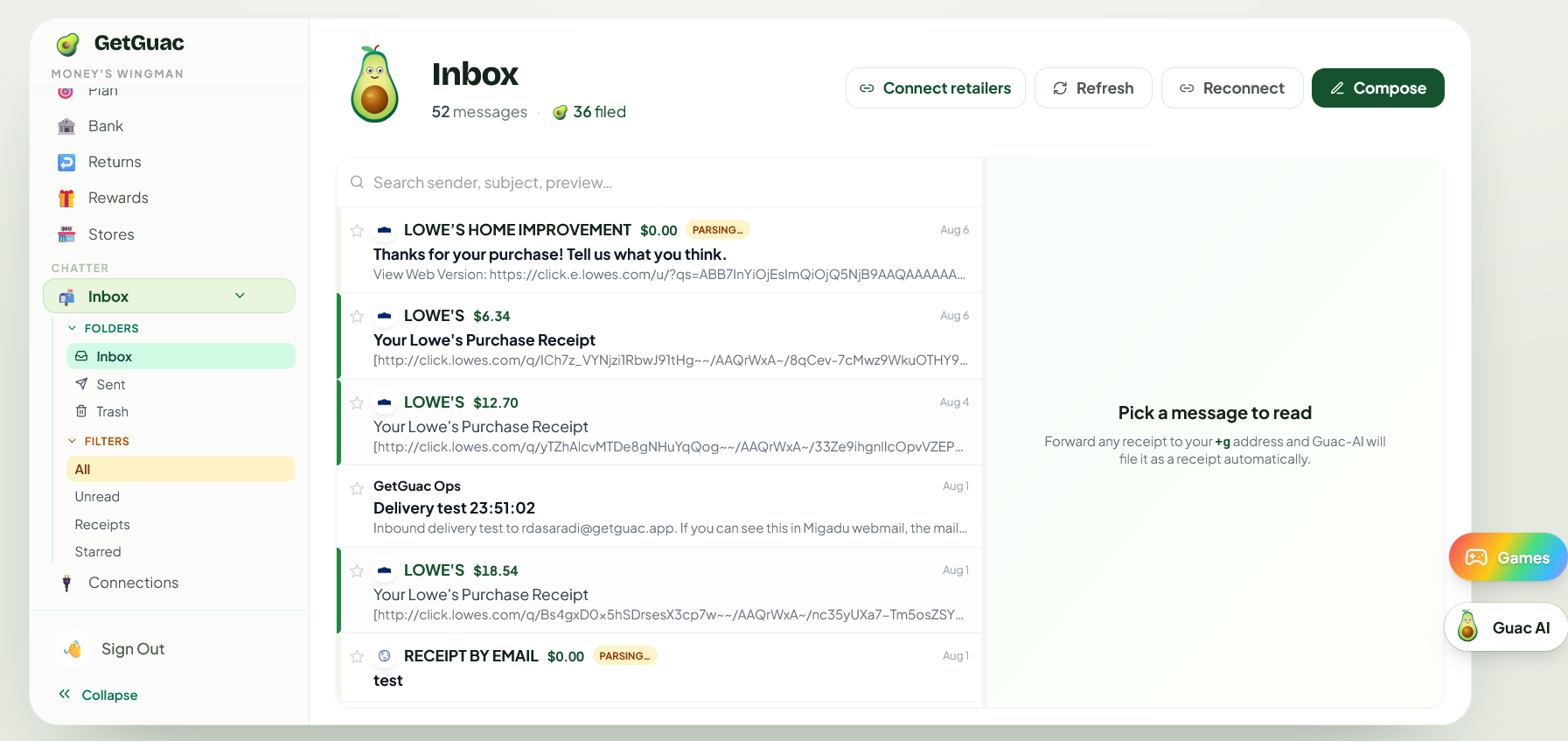 The GetGuac web inbox showing emailed receipts filed automatically