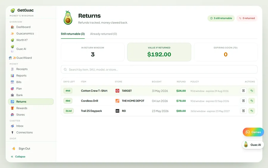 The GetGuac returns screen counting down the return window on a recent purchase