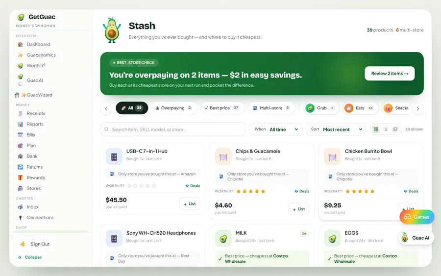 Your Stash — every product you own on GetGuac web