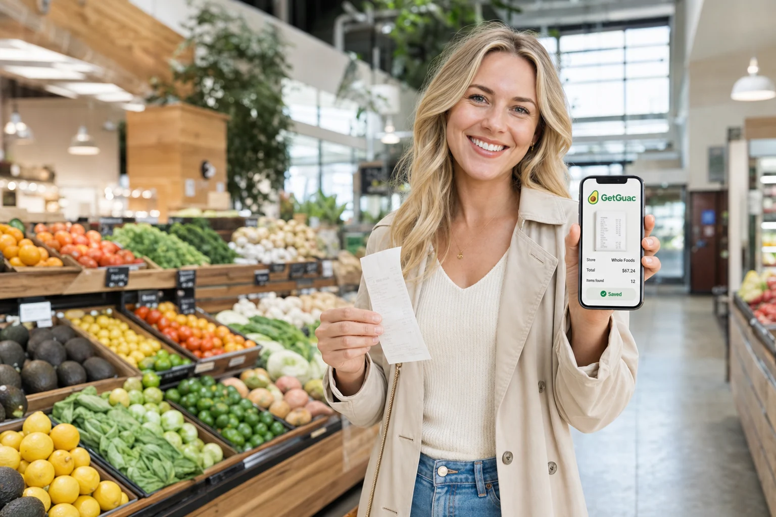 A shopper happily saving her receipt with GetGuac