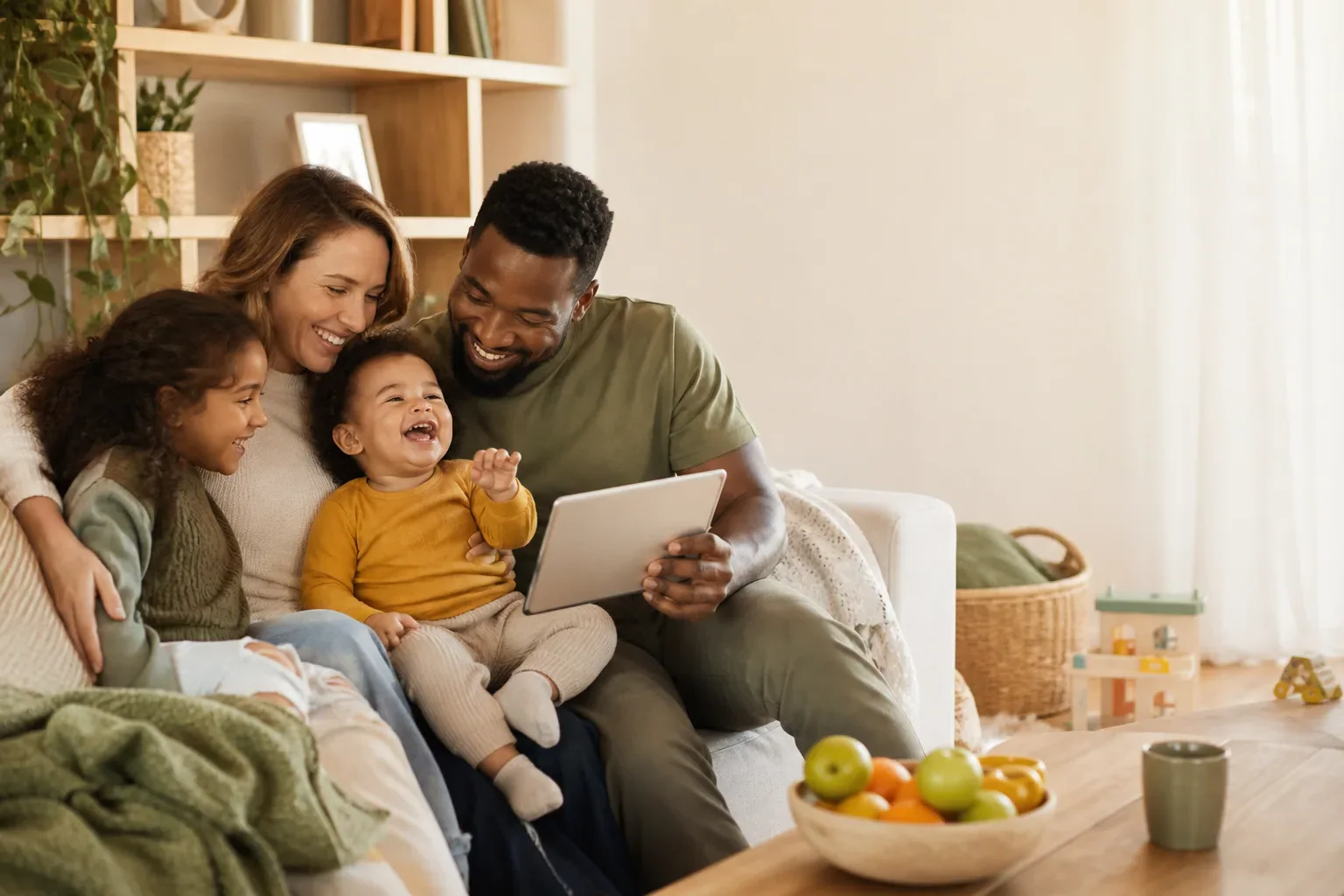 A joyful family laughing together with a giggling baby while using a tablet