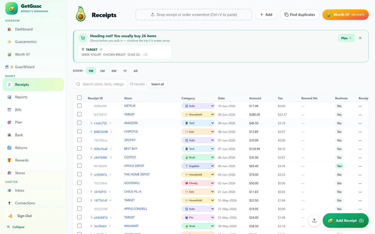 The GetGuac receipt workspace where parsed purchases become searchable records